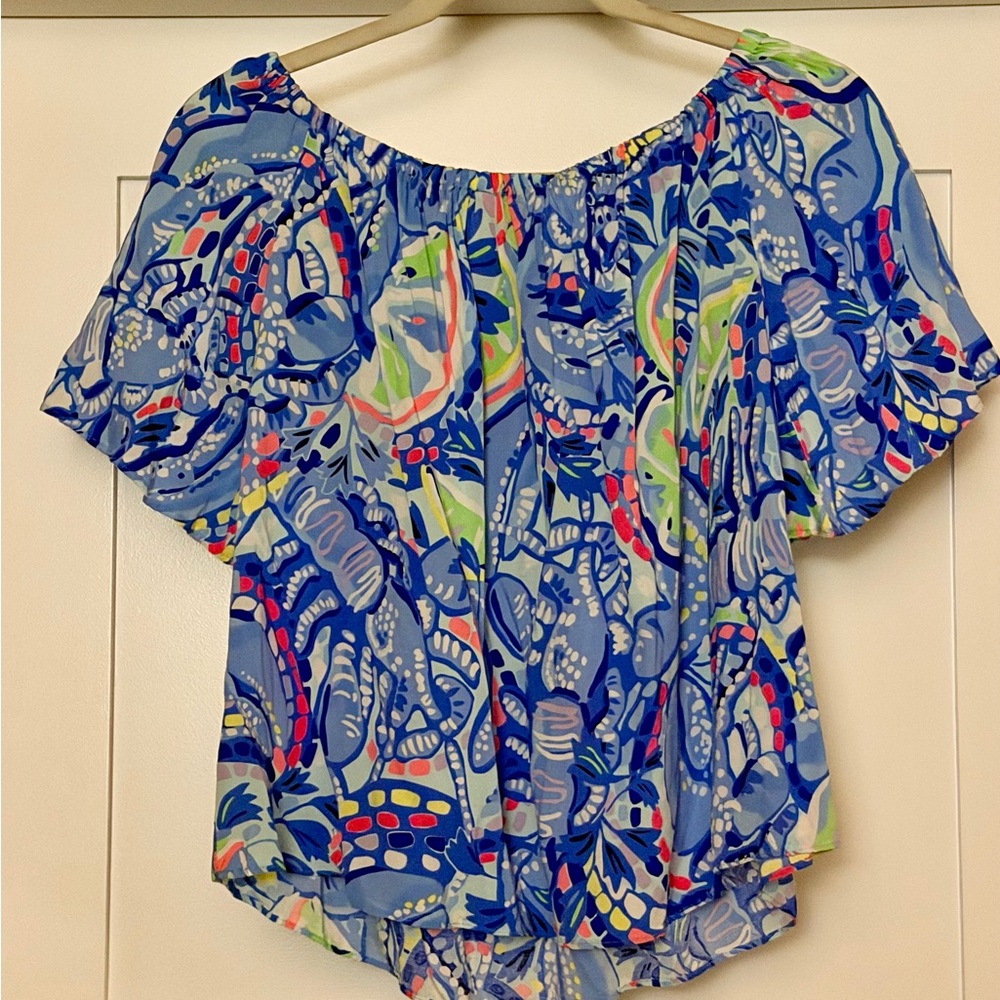 Lilly Pulitzer Blue Berri Pinch Off Shoulder Top Size S Ruffle Sleeve Blouse - Picture 4 of 7